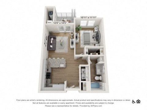 Floor plan for 1 bed, 1 bath, 693 sqft